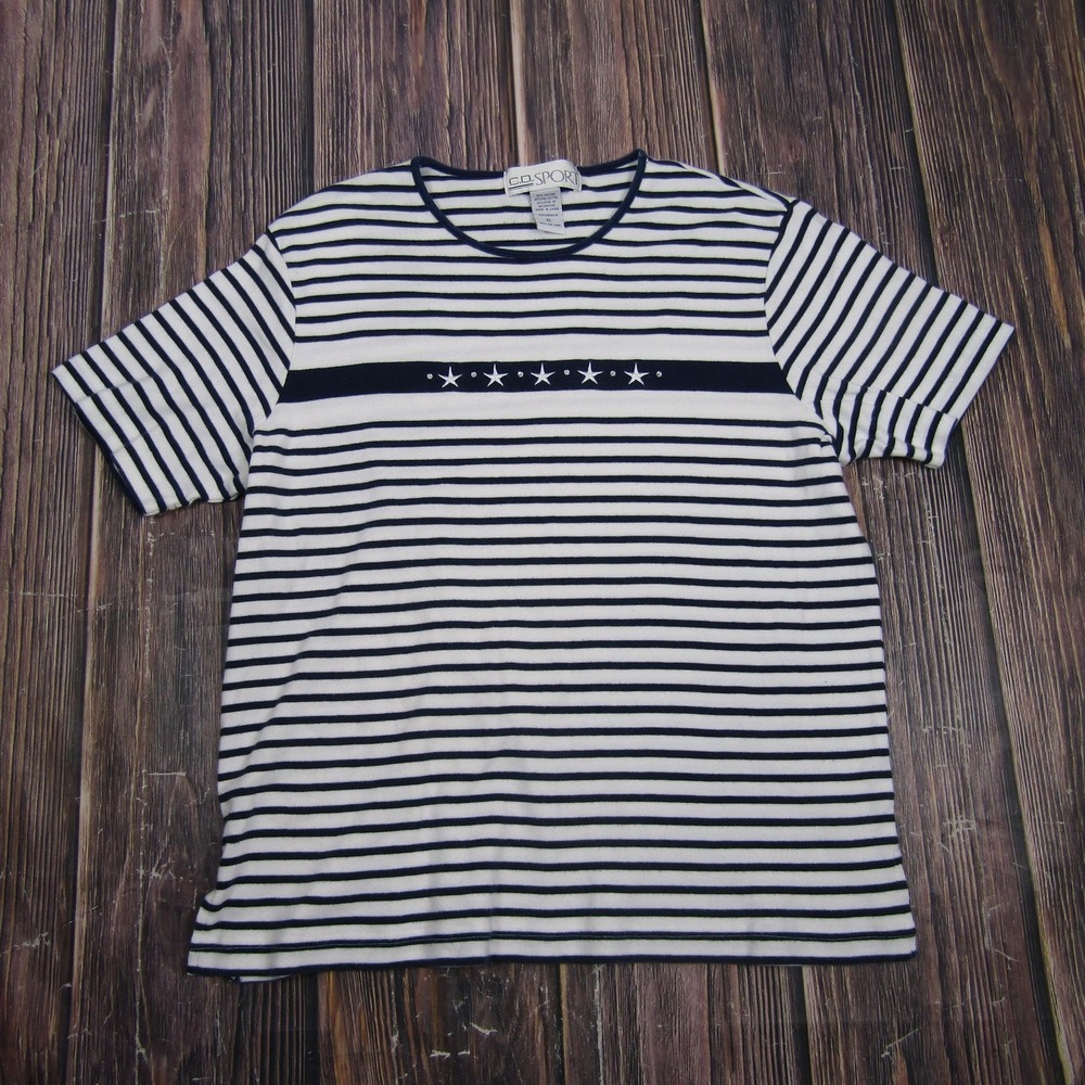 C.D. SPORT Womens XL White Navy Striped T Shirt Crew Neck Short Sleeve Stars